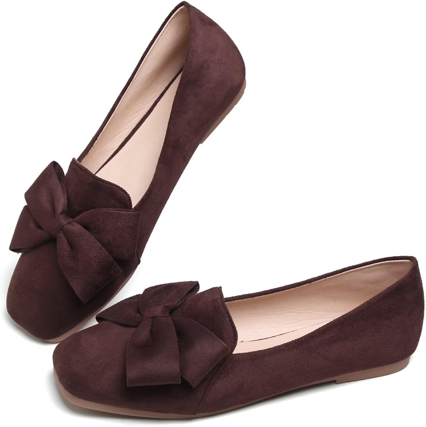 Bowknot Ballet Flats for Women Square Toe Dressy Shoes Suede Comfort Slip-On Loafers Casual Women's Flats
