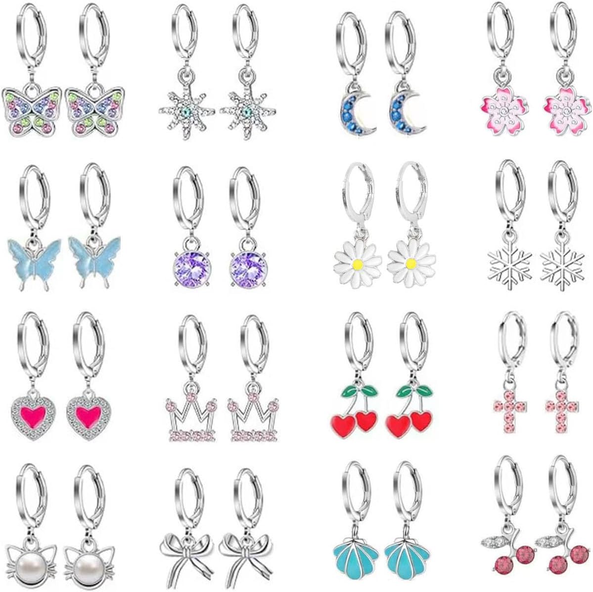 16 Pairs Hypoallergenic Dangle Hoop Earrings for Girls Teens Women,Cute Kids Hoop Earrings Set with Charm Heart Pearl Bow Butterfly Animal Small Huggie Earring Jewelry Gift