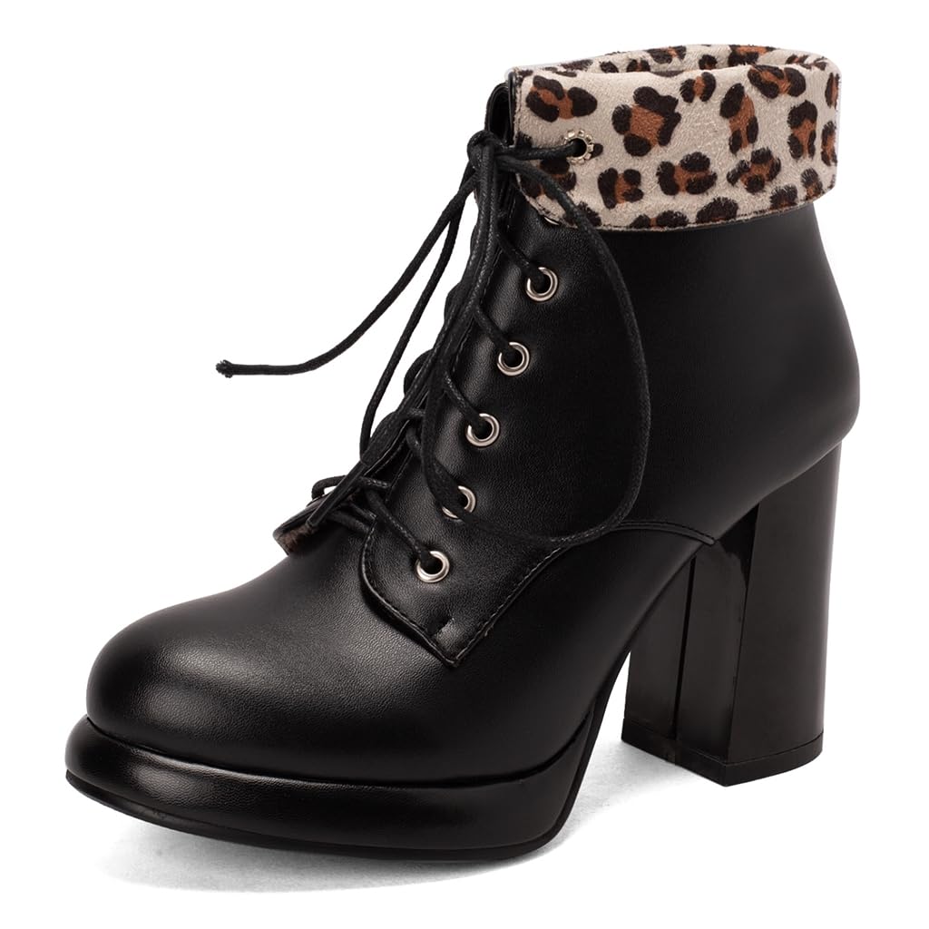 Women's Chunky Platform High Heel Ankle Boots Lace Up Round Toe Cuff Winter Dressy Short Booties
