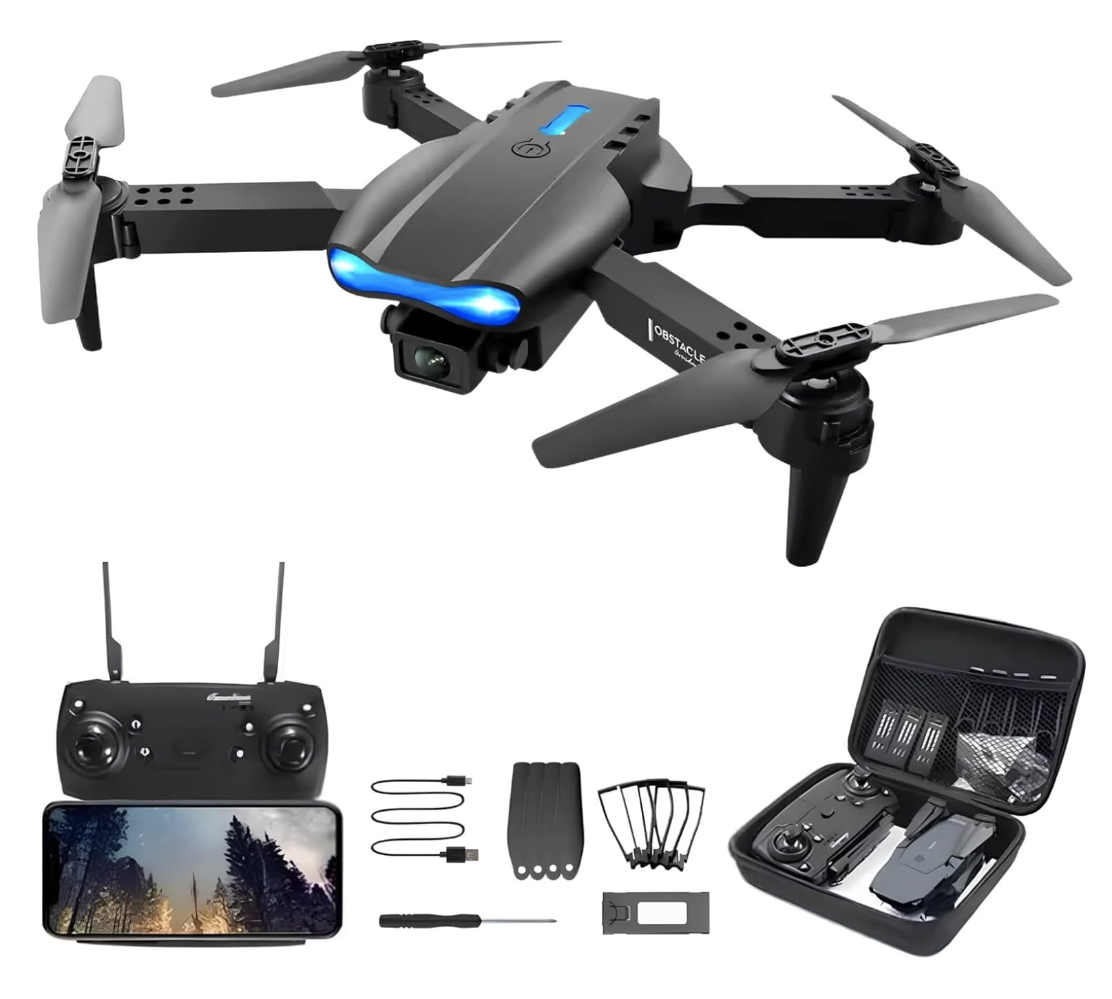 E99 Foldable Drone with HD Camera, Remote Control Quadcopter with Carrying Case, Black, Includes Battery Pack and Accessories