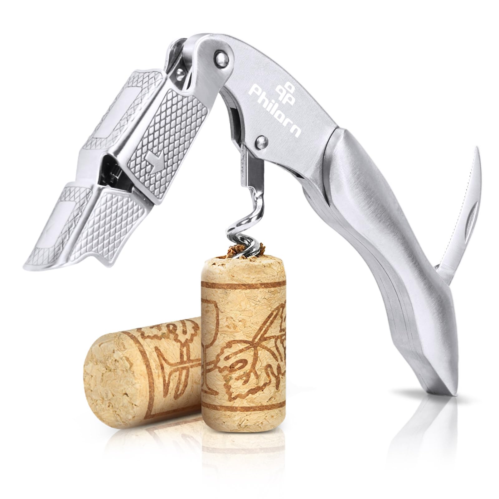 Philorn Waiters Friend Corkscrew 3-in-1 Wine Opener with Foil Cutter and Cap Remover Professional Stainless Steel Cap Remover for Sommeliers Waiters and Bartenders (Stanless Steel Handles)