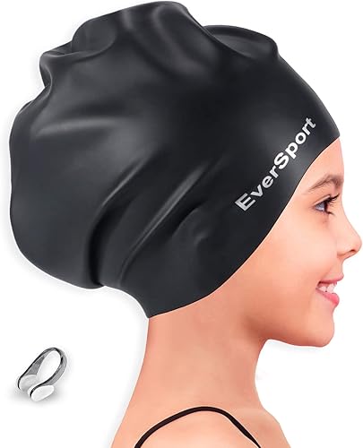 EverSport Youth Large Swim Cap for Girls Kids 8+, Long Hair Silicone Swimming Cap for Braids Keep Hair Dry