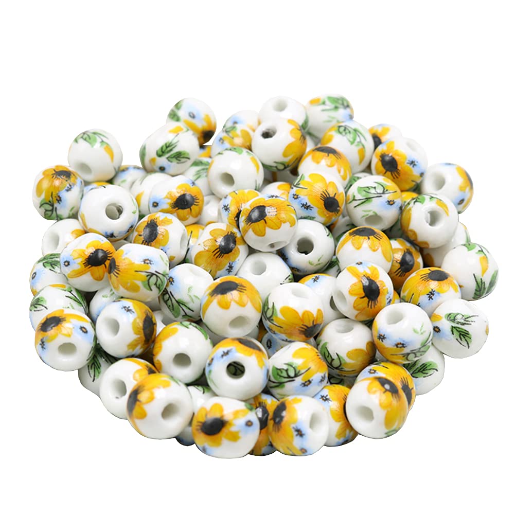 HugeDE 100 Pcs 10mm Sunflower Ceramic Flower Porcelain Spacer Beads for Jewelry Making Necklaces Bracelets Crafts