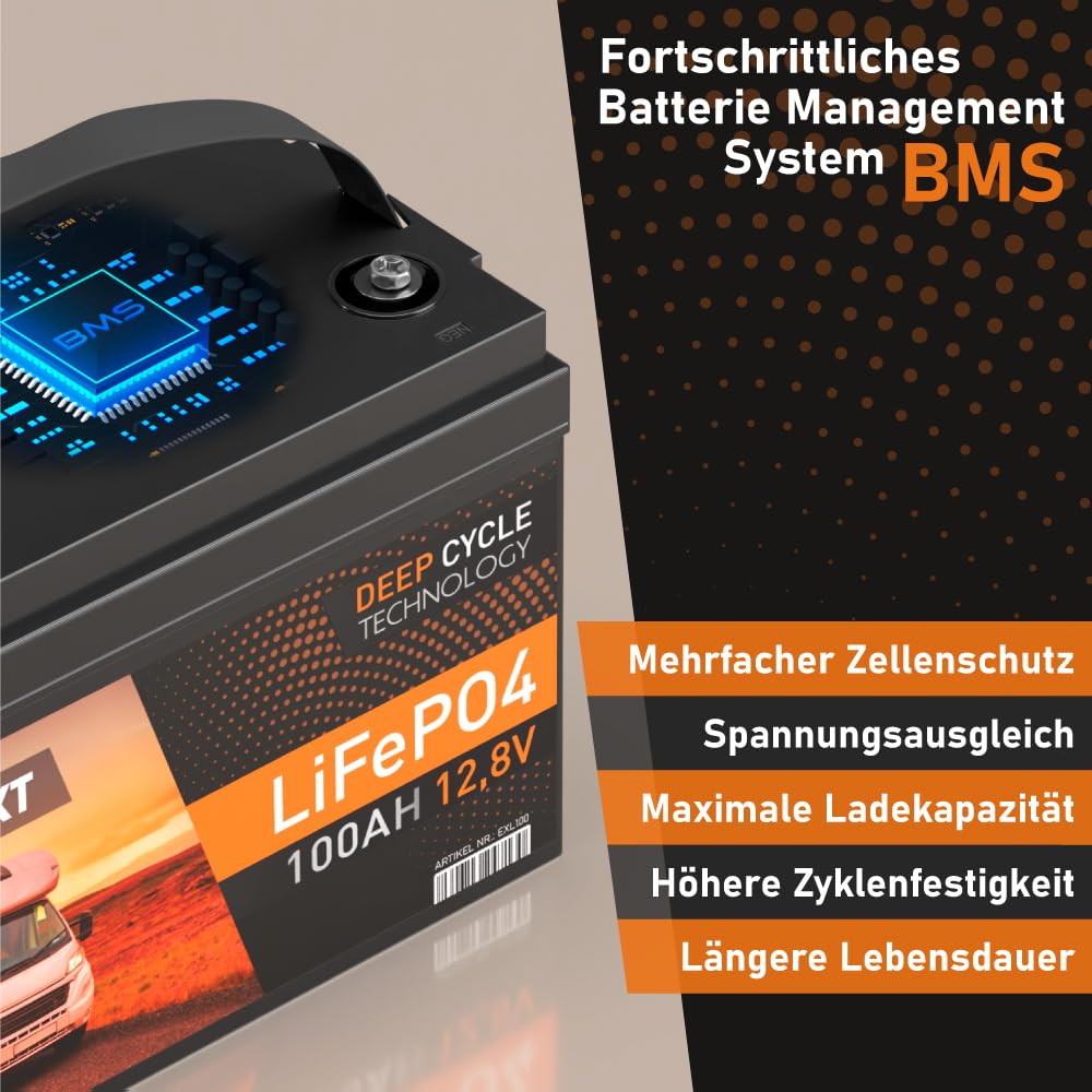 EXAKT LiFePO4 100Ah 12V inkl. BMS Lithium Batterie Solarbatterie Akku Wohnmobil Solar Bootsbatterie USV