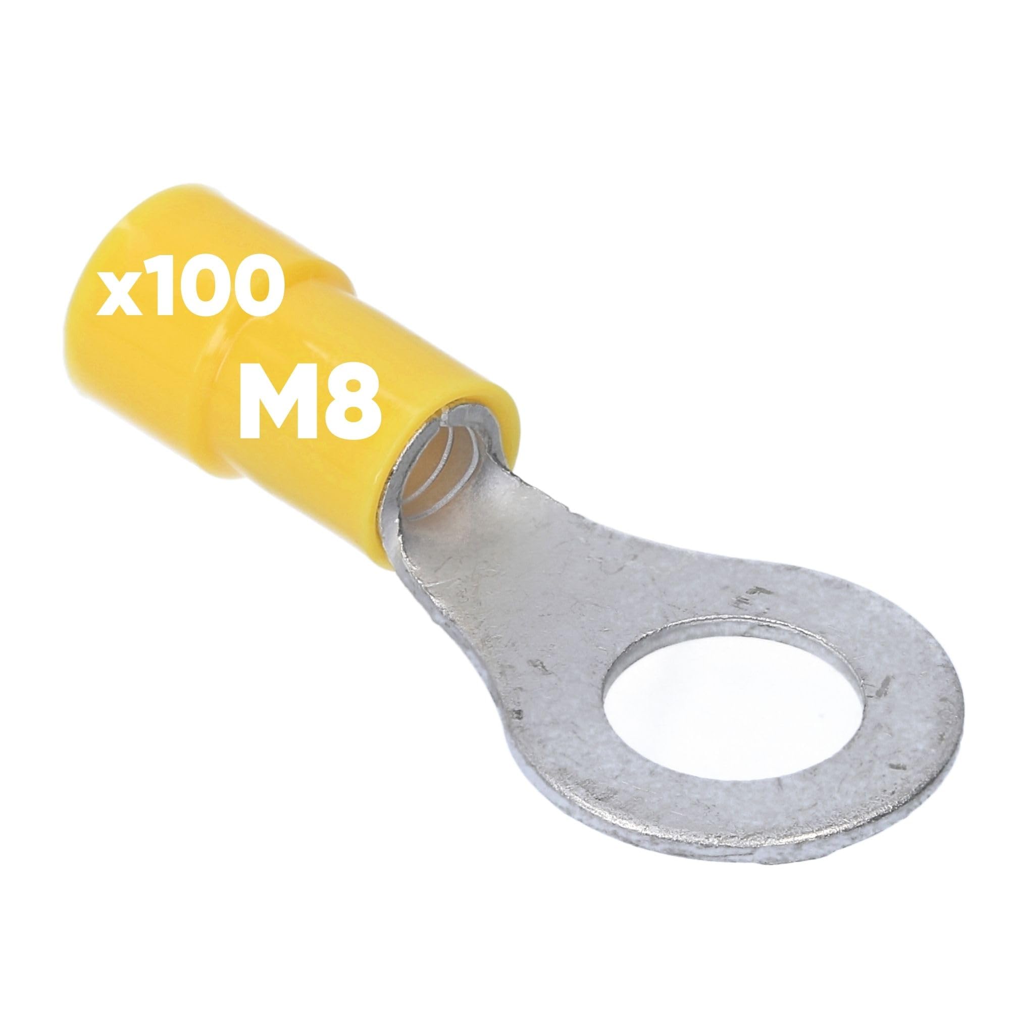 Kalitec 100x Ringkabelschuh 4-6mm² M8 Gelb - Teilisoliert | Kupfer-Kabelverbinder mit PVC-Kragen für sichere Elektroinstallationen - Kompatibel mit Crimpzange im KFZ- & Hifi-Bereich