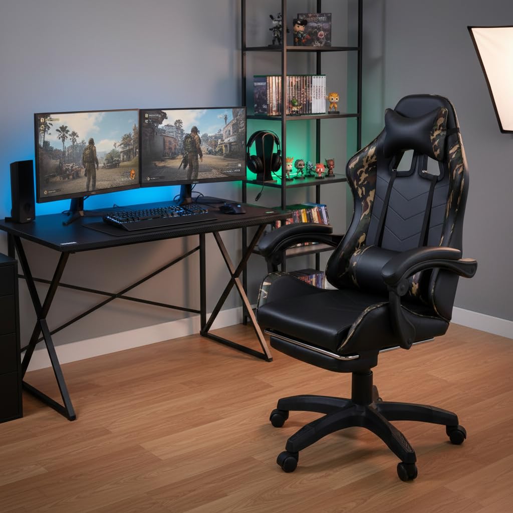 WeHome - Sedia da Gaming Racing Ergonomica Reclinabile con Braccioli, Poltrona Ufficio Girevole con Rotelle, Poggiapiedi, Poggiatesta e Cuscino Lombare in Similpelle, Portata: 125kg (Camouflage)