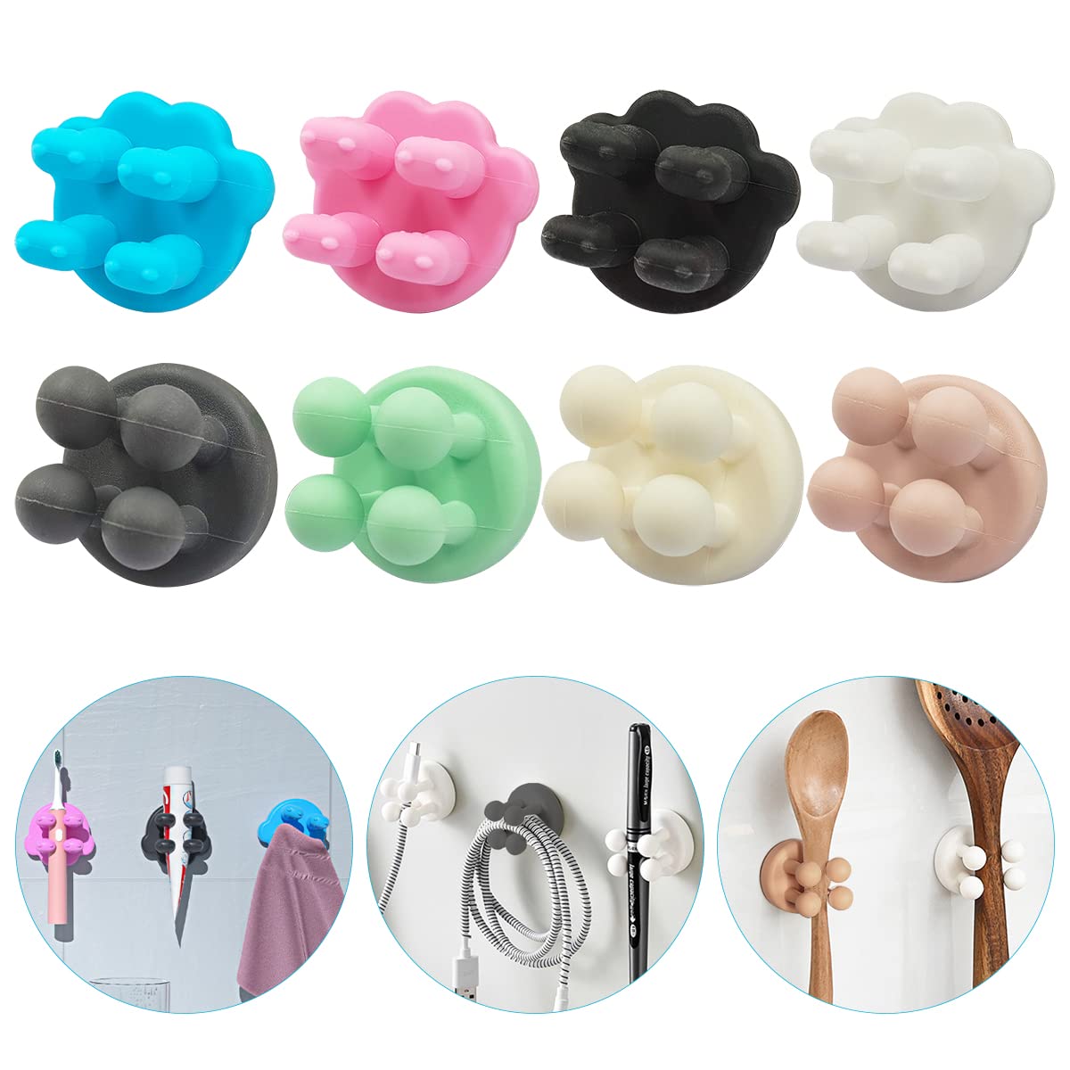 8 Pcs Silicone Toothbrush Holders Kit, Multi-Function Self Adhesive Hooks Razor Holder Waterproof Wall Mounted Hooks for Kitchen Bathroom Dorm Room