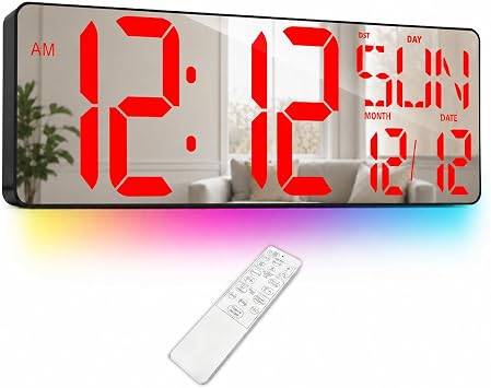TXL 17.2-Inch Large Mirror Digital Wall Clock with Remote Control, RGB Mood Light, Extra-Large LED Display, Auto Dimming,Date, Day, Temp, Countdown Timer for Home, Gym, Office and Classroom Red