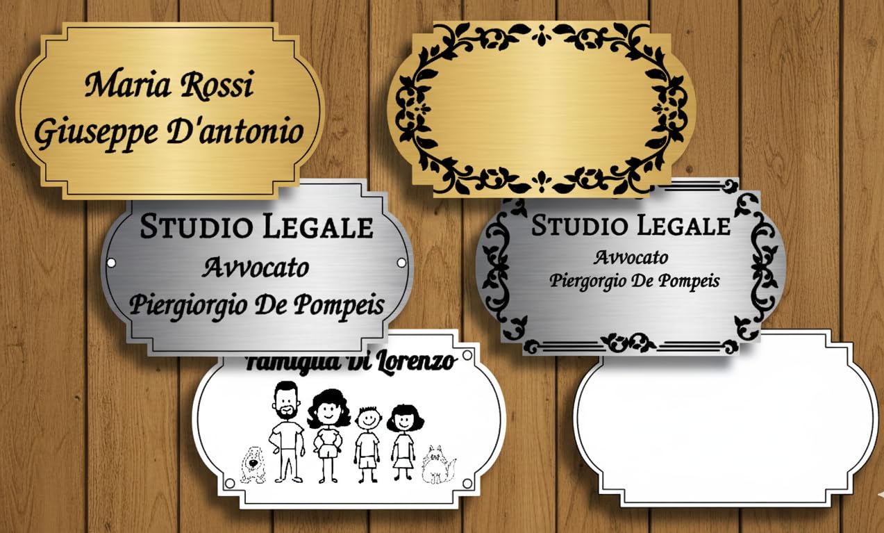 Targa Porta Ingresso Personalizzabile Oro, Argento o Bianco - Nome, Indirizzo, Famiglia, Design a Scelta, Targhetta Fuoriporta Laser Incisa (MODELLO 4)