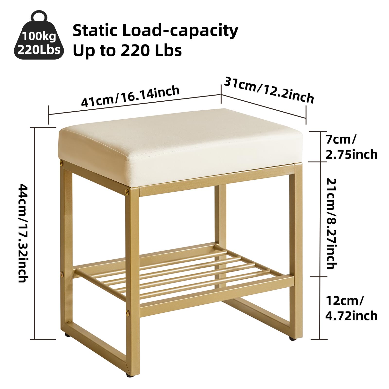 Aibiju Sgabello da Toeletta Quadrato, Sgabello da Toeletta con Piedini Regolabili e Spazio di Archiviazione, Piccolo Sgabello da Trucco per Toeletta, Camera da Letto, Soggiorno, Bianco YD-JD150W