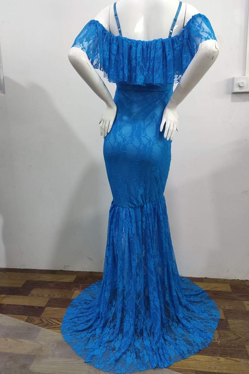 MYRISAM Kobiety macierzyńska koronkowa sukienka z odsłoniętymi ramionami falbanka wąska dopasowana sesja zdjęciowa wesele bal studniówka sukienka na baby shower, Głęboki błękit, M