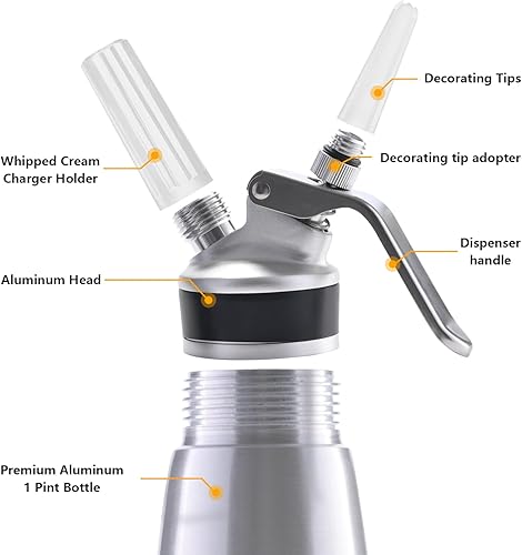 Miniatura 27 de Dispensador de crema de 8.5 fl oz para todas las aplicaciones en frío, batidor de crema de aleación de aluminio duradero con 3 boquillas decorativas