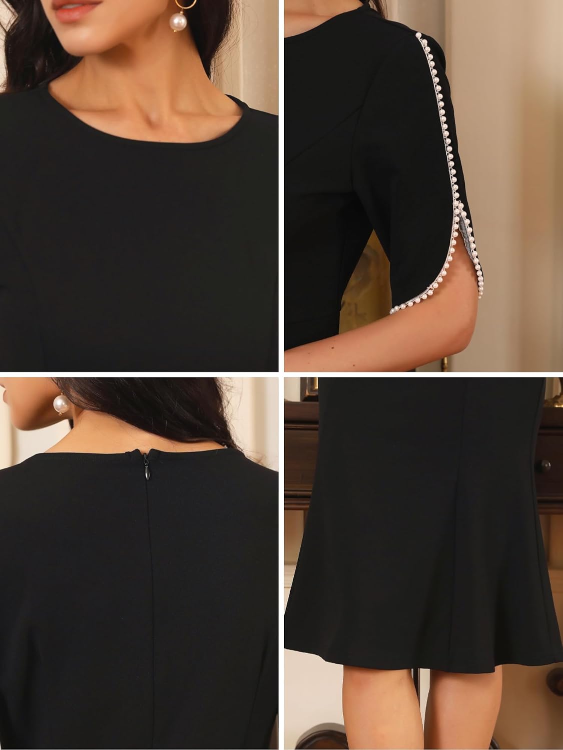 Women's Formal Midi Dress Wedding Guest Short Sleeve Beaded Bodycon Mermaid Cocktail Dresses - Image 5