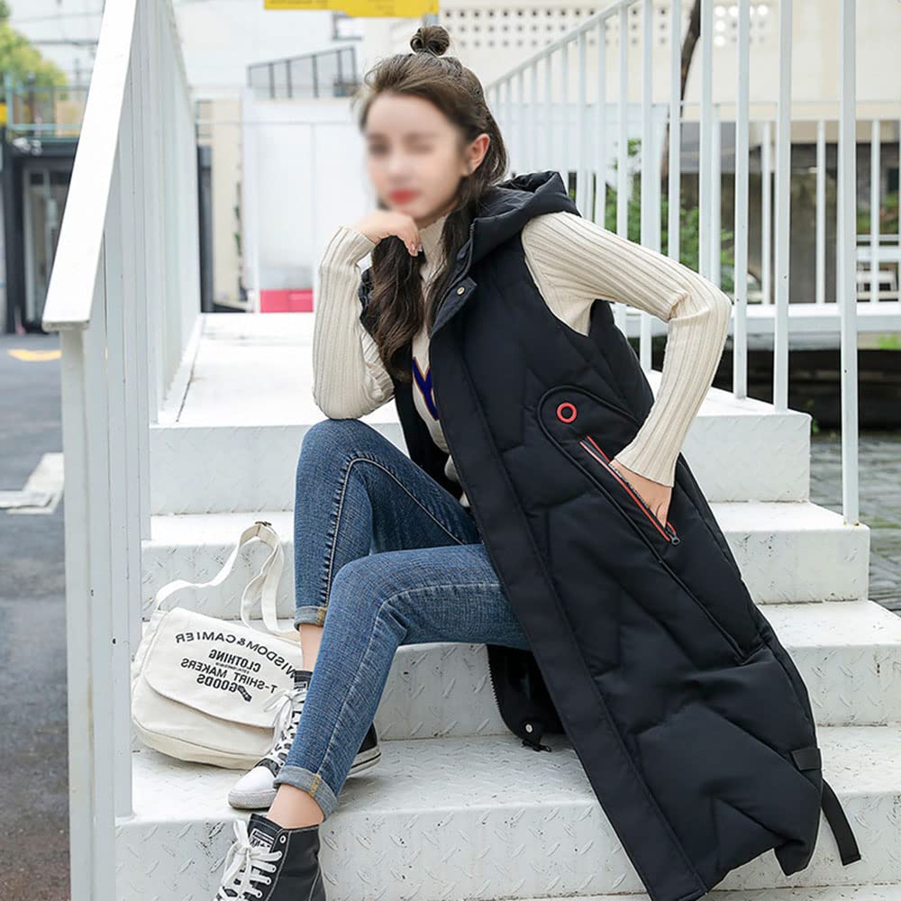 Gilet Invernale Lungo Da Donna, Con Cappuccio, Invernale, Senza Maniche, Caldo, Con Tasche, Gilet Invernale Imbottito Lungo Trapuntato Giacca Da Donna Smanicato Piumino,Nero,L