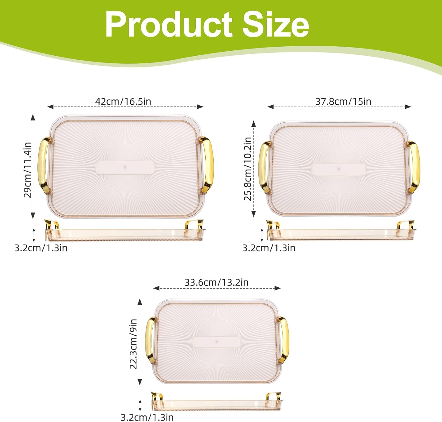 3 Pack Serving Tray with Handles, Stackable Reusable Trays for Serving Food, Plastic Serving Platters for Party, Charcuterie, Fruit, Appetizer, Amber Gold thumbnail