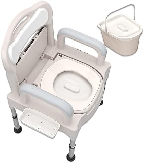 Commode Chair, Bedside Commode Toilet, Raised Toilet Seat with Portable Potty, Adjustable Height Mobile Toilet, Compact Shower Chair for Adults, Seniors, Handicap, Pregnant Women, White