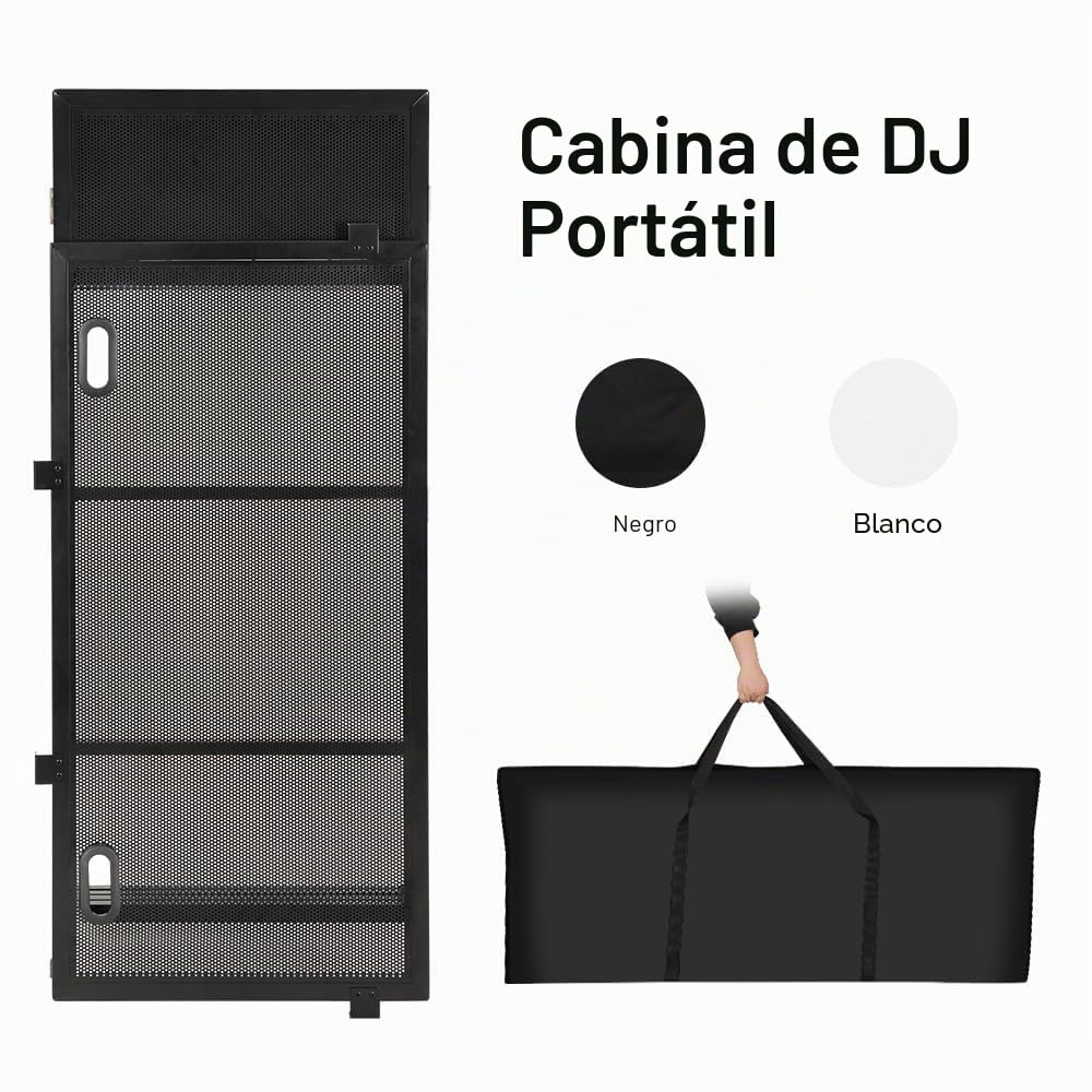 SMONTER Cabina de DJ portátil de 41 pulgadas de largo x 20 pulgadas de ancho, fachada de DJ con tela blanca y negra, estación de mesa de DJ plegable con patas ajustables para fiesta, marco de metal