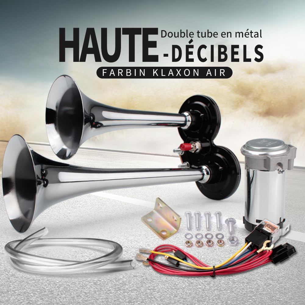 FARBIN Klaxon de Voiture 12V 150dB Puissant Klaxon à Air Chrome Zinc Klaxons de Camion Double Tube Trompette Argent avec Compresseur Pompe à Air Relais Faisceau Câble pour Tout 12V Voiture Camion Moto
