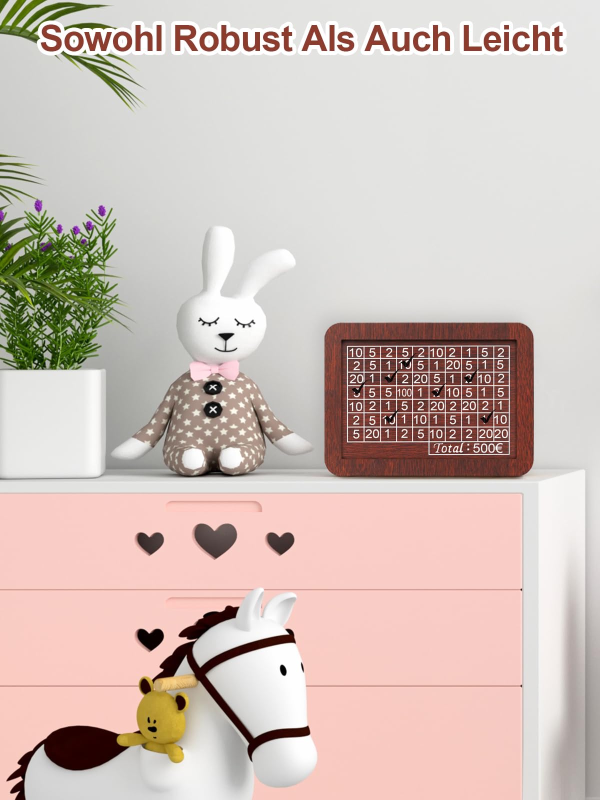 Spardose aus Holz, €500 Sparbox Retro Sparbüchse Aufbewahrungsbox, Wiederverwendbare Spardose mit Sparziel und Zahlen zum ankreuzen für Spar Challenge