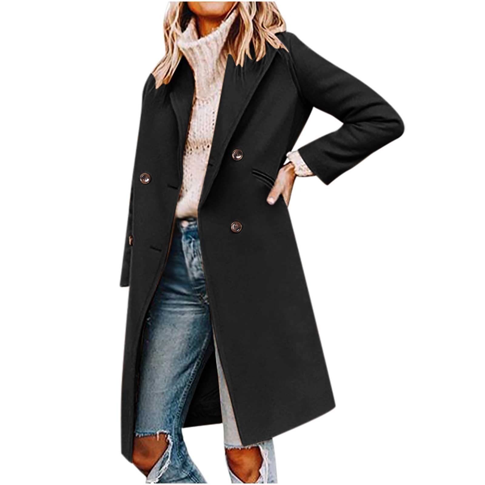 Women Elegant Notched Collar Double Breasted Pockets Wool Blend