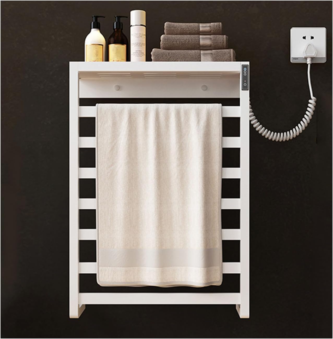 Stainless Steel Heated Towel Rack Wall-Mounted Towel Warmer with Top Shelf Constant Temperature Drying Rack for Bathroom White Right Wire Design