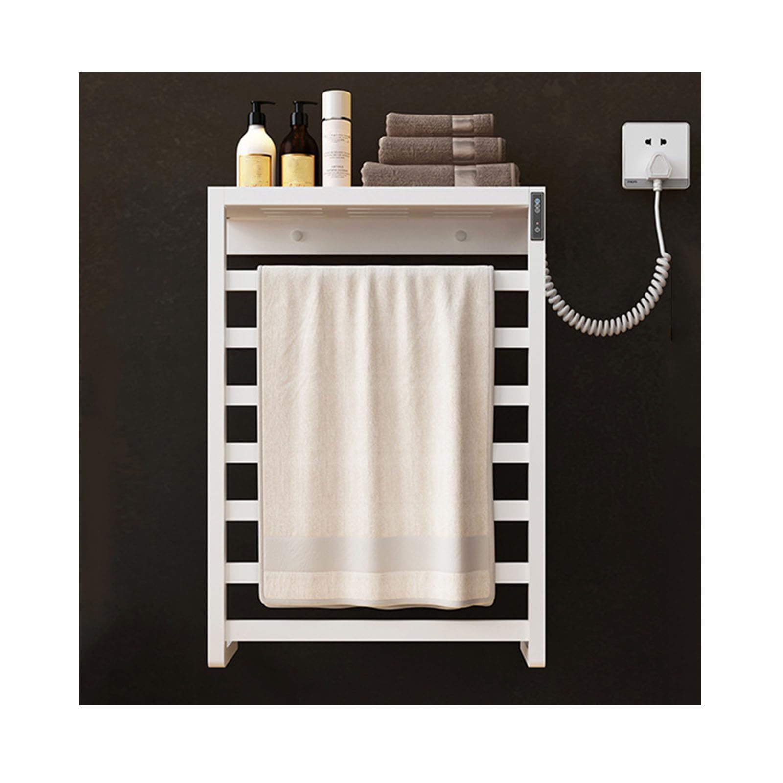 Toallero eléctrico de temperatura constante en acero inoxidable con estante de pared 1