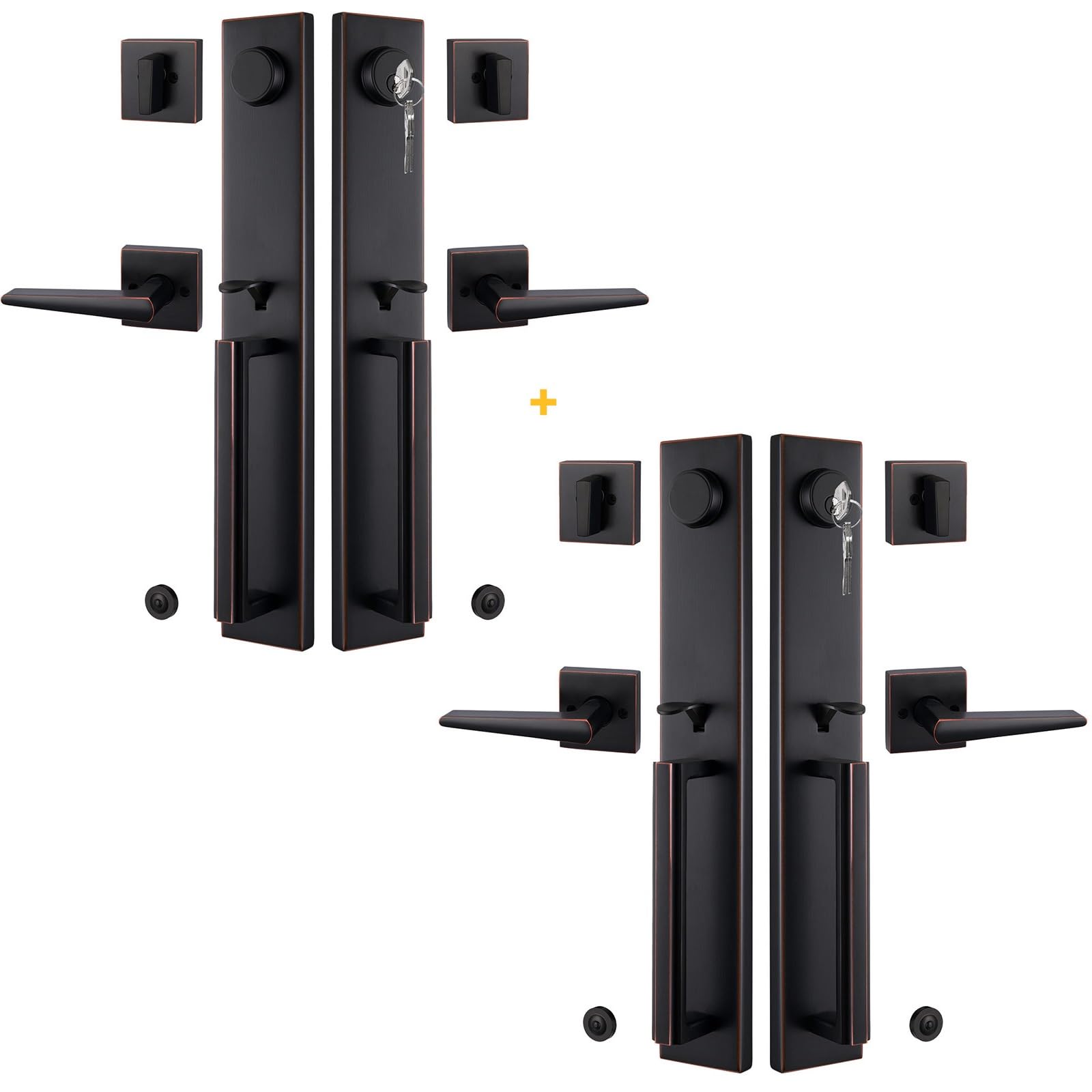 NEWBANG 2 Pack to be Keyed Alike Traditional Keyed & Dummy Entry Handlesets for Double Front Doors with Same Culinders and Same Keys in Aged Bronze(2