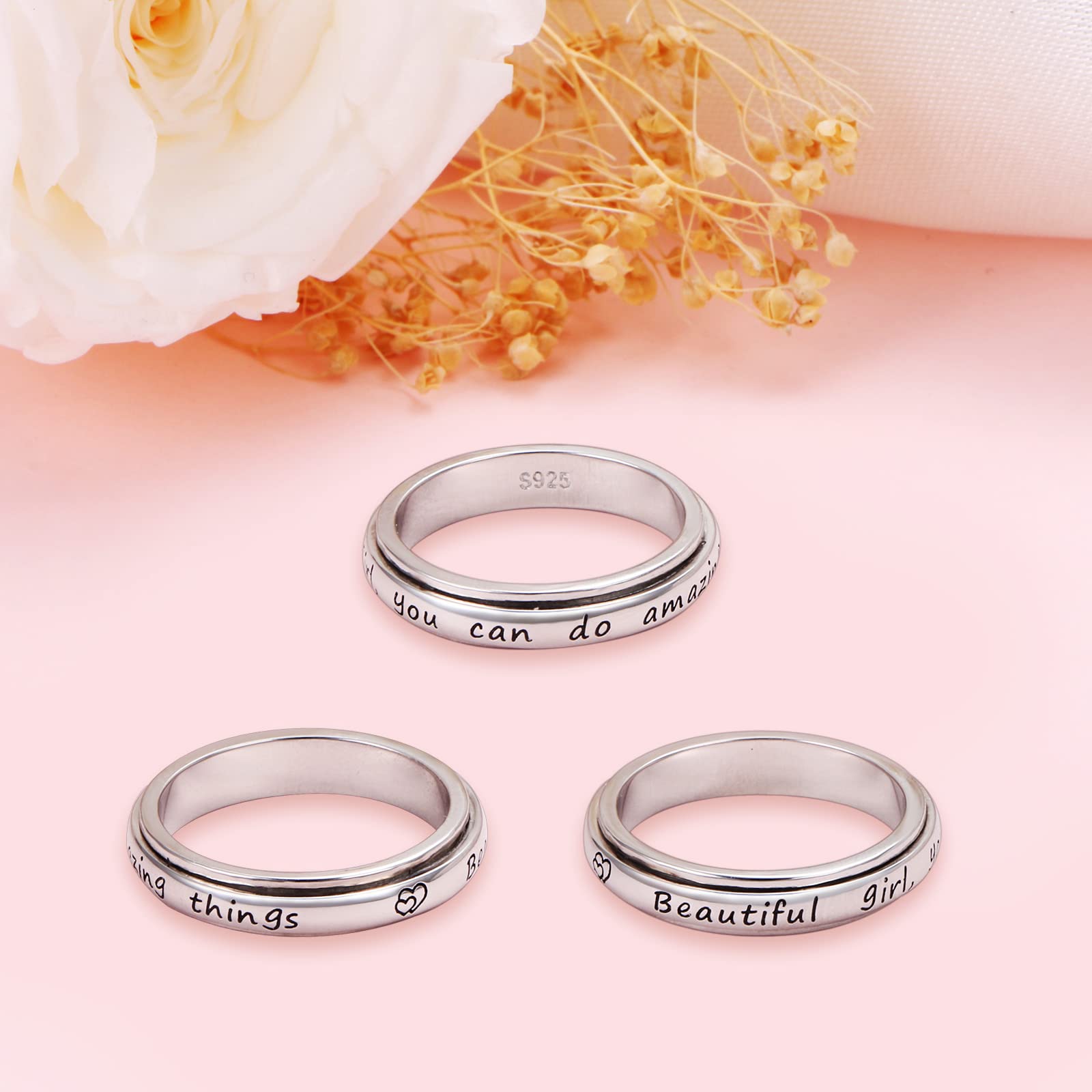 S925 Sterling Silber Spinner Fidget Ringe für Angstzustände, Sorge, Linderung von Langeweile, ADHS, Autismus, Band für Frauen und Jugendliche