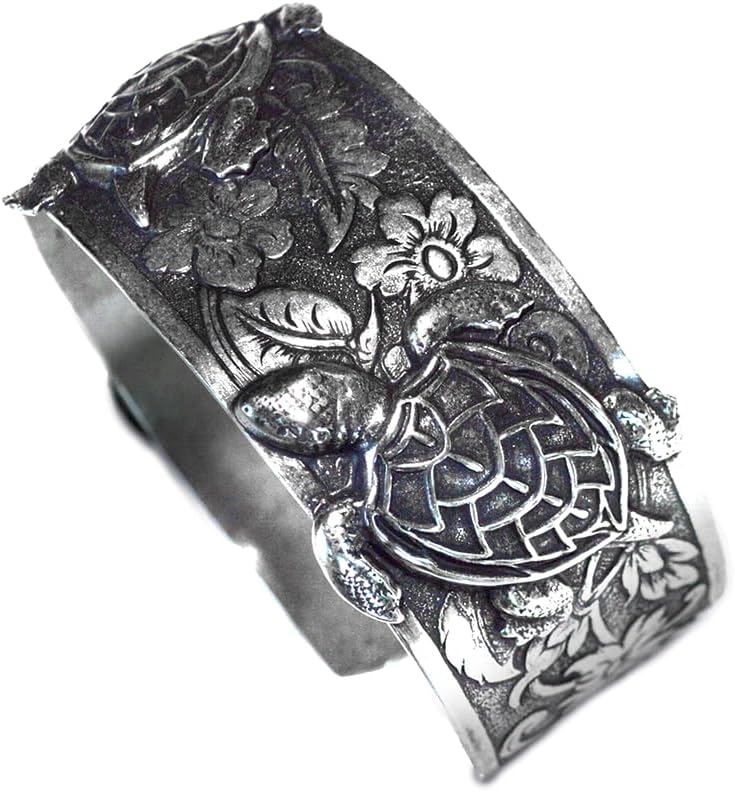 Elaine Coyne Collectible Artwear Mirror Antiqued Silver Solid Brass Sculptural Sea Turtles Cuff Bracelet