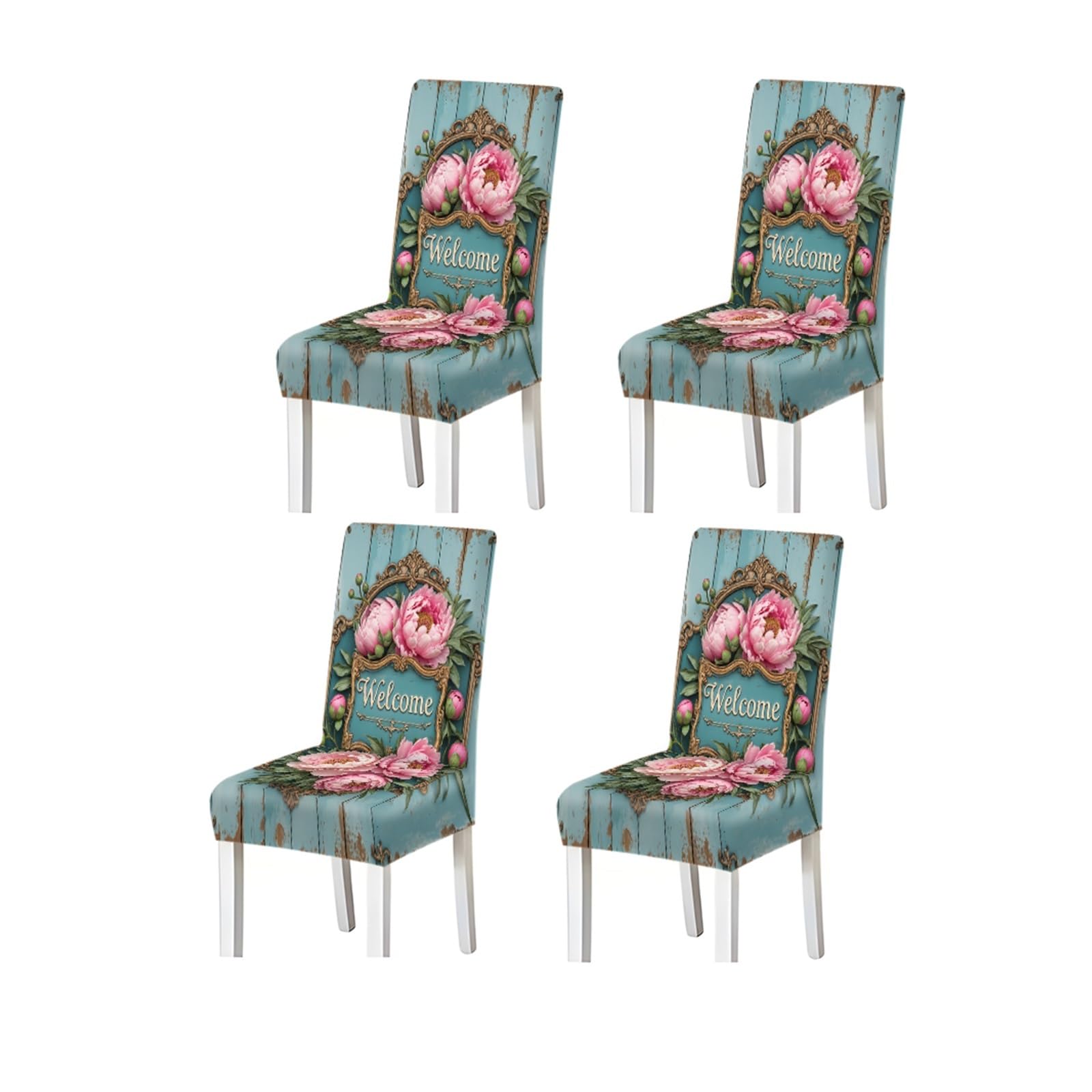 KXUAUV Vintage Wood Grain Peony Welcome Floral Print Stretch Dining Chair Covers For Kitchen Dining Living Room Farmhouse, 2/4/6PCS Seat Protectors for Restaurant Hotel Party(4PCSChair cover)