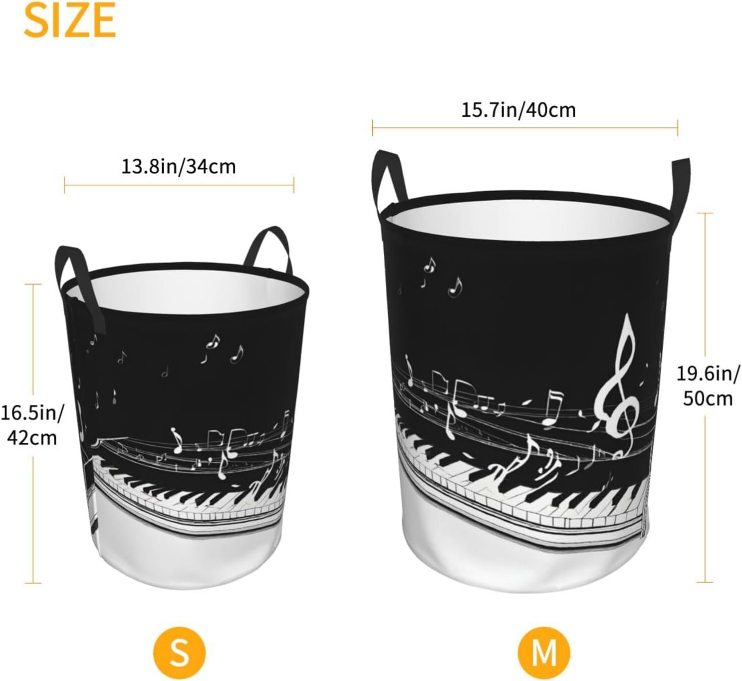 (Black White Music Note) Collapsible Circular Laundry Hamper Waterproof Oxford Fabric Clothes Basket with Handles Foldable Storage Bin for Bedroom Bathroom Dorm Toy Towel Blanket Organizer Small image 3
