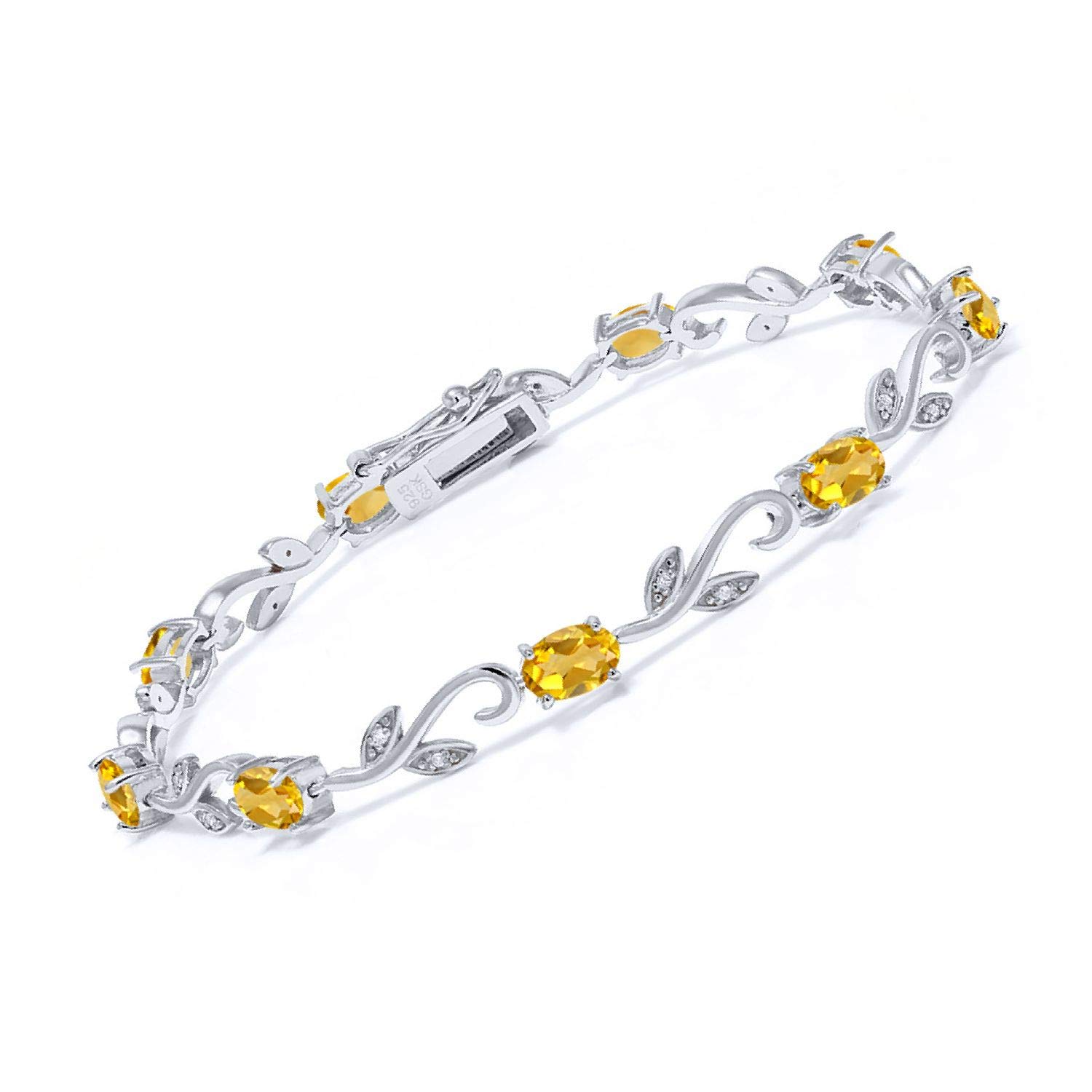 Gem Stone King925 Sterling Silver Yellow Citrine and Diamond Greek Vine Oval Women's Tennis Bracelet For Women (4.18 Cttw, Gemstone Birthstone, Oval 6X4MM, 7 Inch), 7 Inch, Metal Gemstone, citrine
