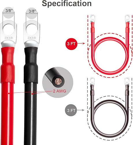 Miniatura 2 de MILAPEAK Cables de batería de 2 AWG, juego de cables inversores de batería marina de calibre 2 de 1 pie con terminales de 38 pulgadas (positivos y