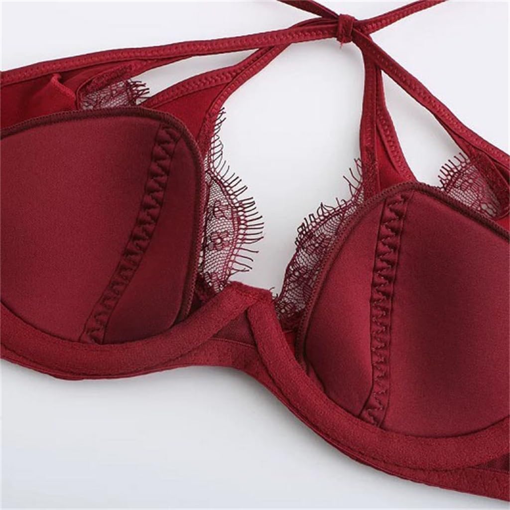 Sexy Satin Cross Strap Back Lingerie Lace Thin Bra Soft Steel Gathered Set Female