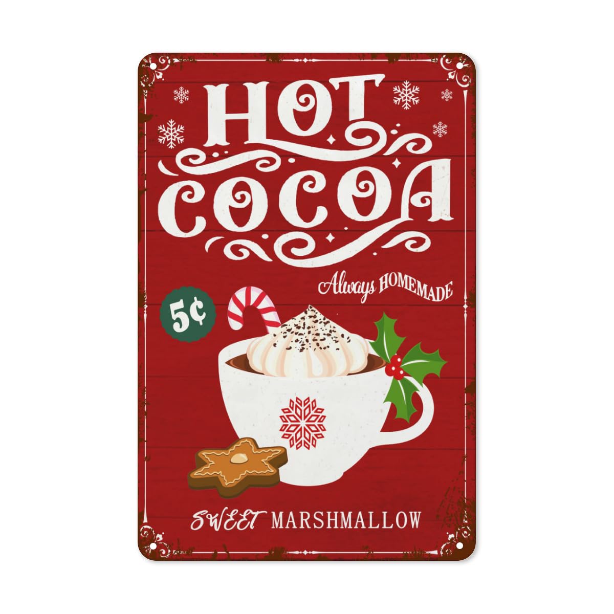 peiyeety Christmas Hot Cocoa Tin Sign Vintage Christmas Winter Metal Sign Rustic Wall Decor for Home Party Cake Cafe Bar Kitchen Club Metal Sign 8x12inch