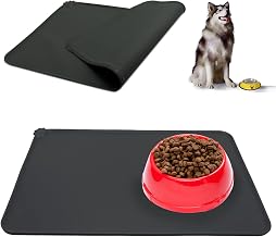 Dog Bowl Mat, Non-Slip Pet Food Bowl Mat with Paw Designs Perfect for Protecting Floor from Liquids, Black, 48 x 30 cm