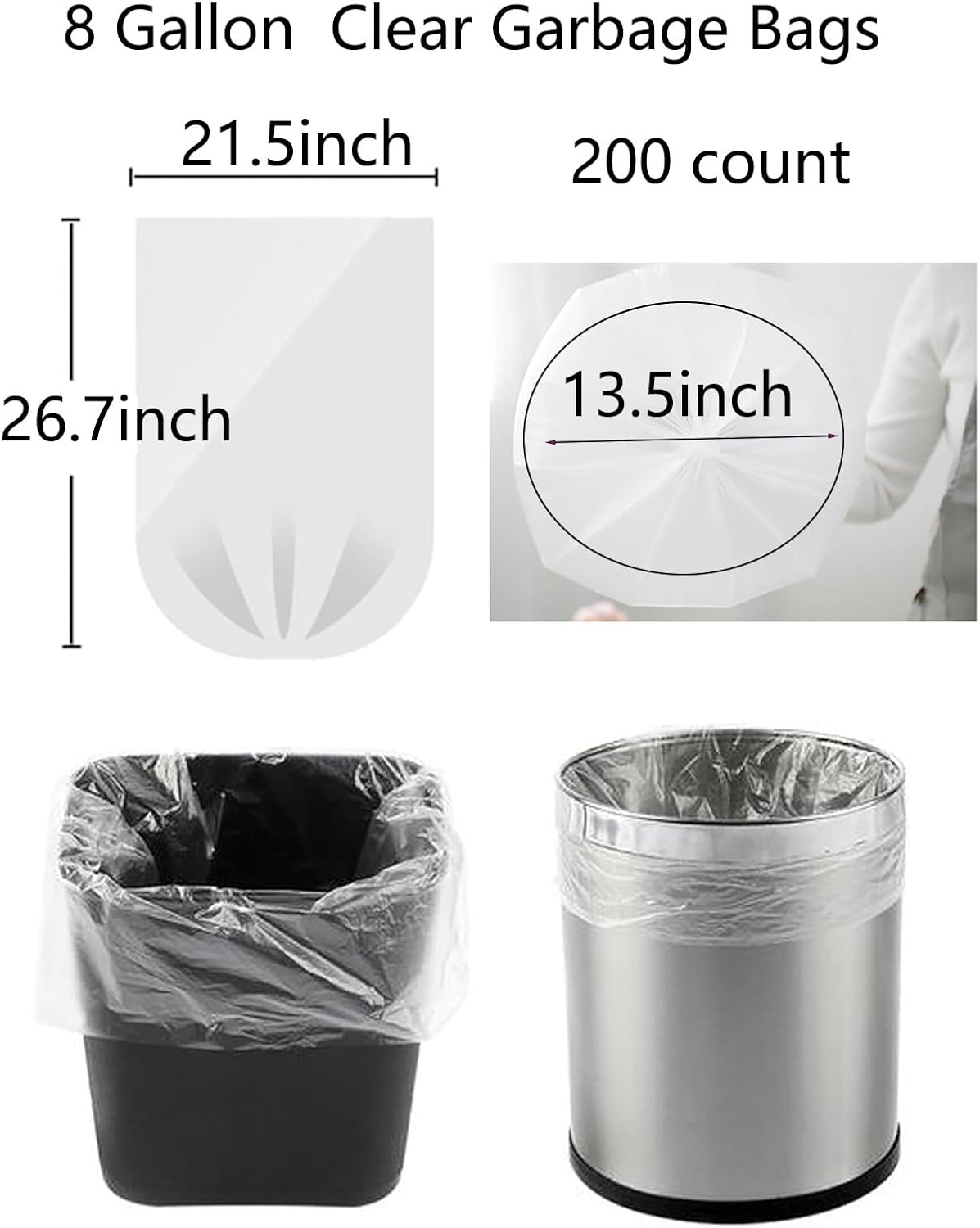 200 Count 8 Gallon Trash Bags Clear Medium Garbage Bags 1.1 mil Strong, Leakage-Free,Unscented 30 Liter Thick for Bathroom, Office, Kitchen Waste Basket Trash Can (Clear, 8 Gallon-200 Count)