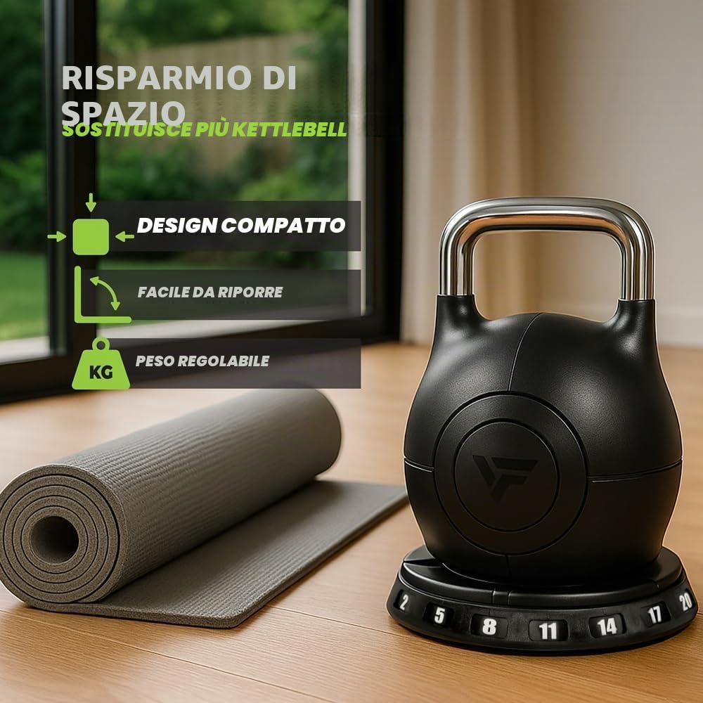 VirtuFit Kettlebell regolabile 2/20 kg | Costruzione in acciaio resistente | Allenamento funzionale, crossfit e sport di forza | Manico ergonomico | Nero