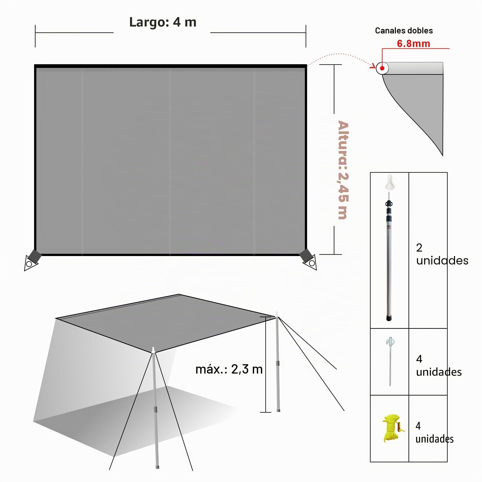 Dulepax Toldo para Caravana con Ribete, Avance Caravana para Camping 3000 mm Resistente al Agua y a Los Rayos UV, Adecuado para SUVs, Furgonetas y Caravanas, 4 x 2,45 m