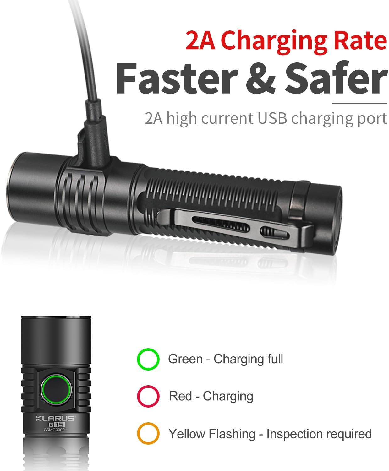 Hands plugging a USB-C cable into the KLARUS G15 flashlight for charging.