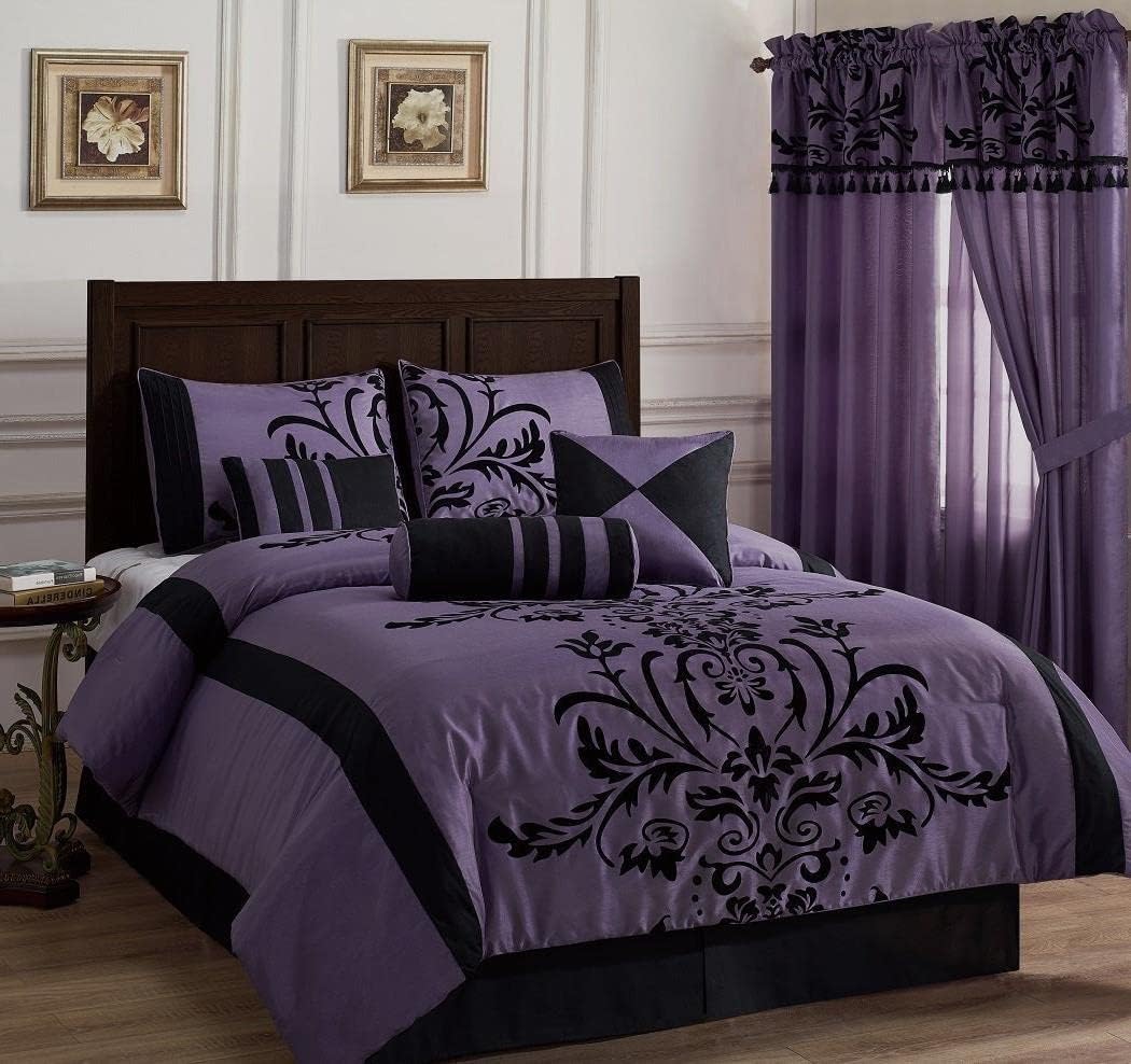 Chezmoi Collection Nobility 7-Piece Faux Silk Comforter Set King - Luxury Violet Black Flocked Velvet Floral All Season Bedding Comforter Set