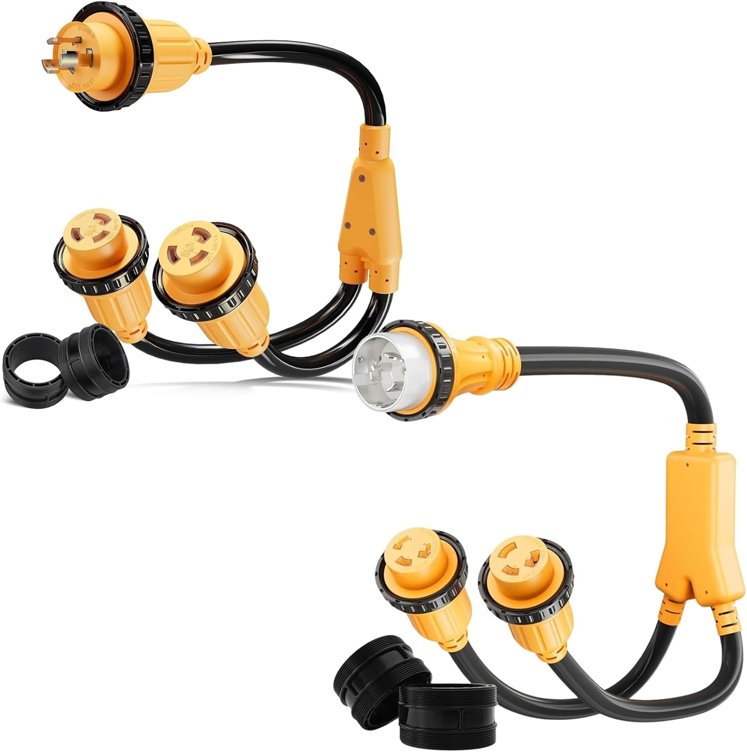 MECMO NEMA L5-30P & SS2-50P to 2X L5-30R 30 Amp Shore Power Splitter Cord, 30A 125V & 50A 125/250V ETL-Listed 30 Amp Male x (2) 30Amp Female Marine Y Adapter with Locking Rings & Waterproof Seal