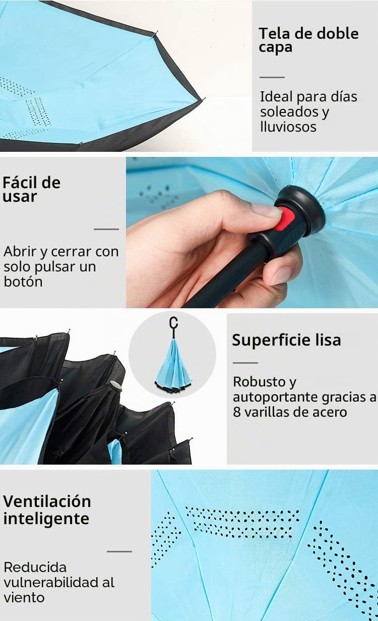 Paraguas invertido con mango en C - - Sombrilla de doble capa. A prueba de viento - Resistente al viento y a los rayos UV- Protege de la lluvia, la tormenta y el sol.
