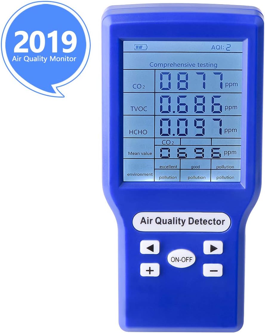 Indoor Air Quality Monitor Yvelines Accurate Tester for CO2 Formaldehyde(HCHO) TVOC Multifunctional Air Monitor Real Time Data&Mean Value Recording for Home Office and Various Occasion
