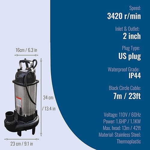 Miniatura 4 de Bomba de aguas residuales 1.6HP 110V 105.67gpm Bomba sumergible de aguas residuales con cable de 23 pies para aspersión de jardín de empresa familiar