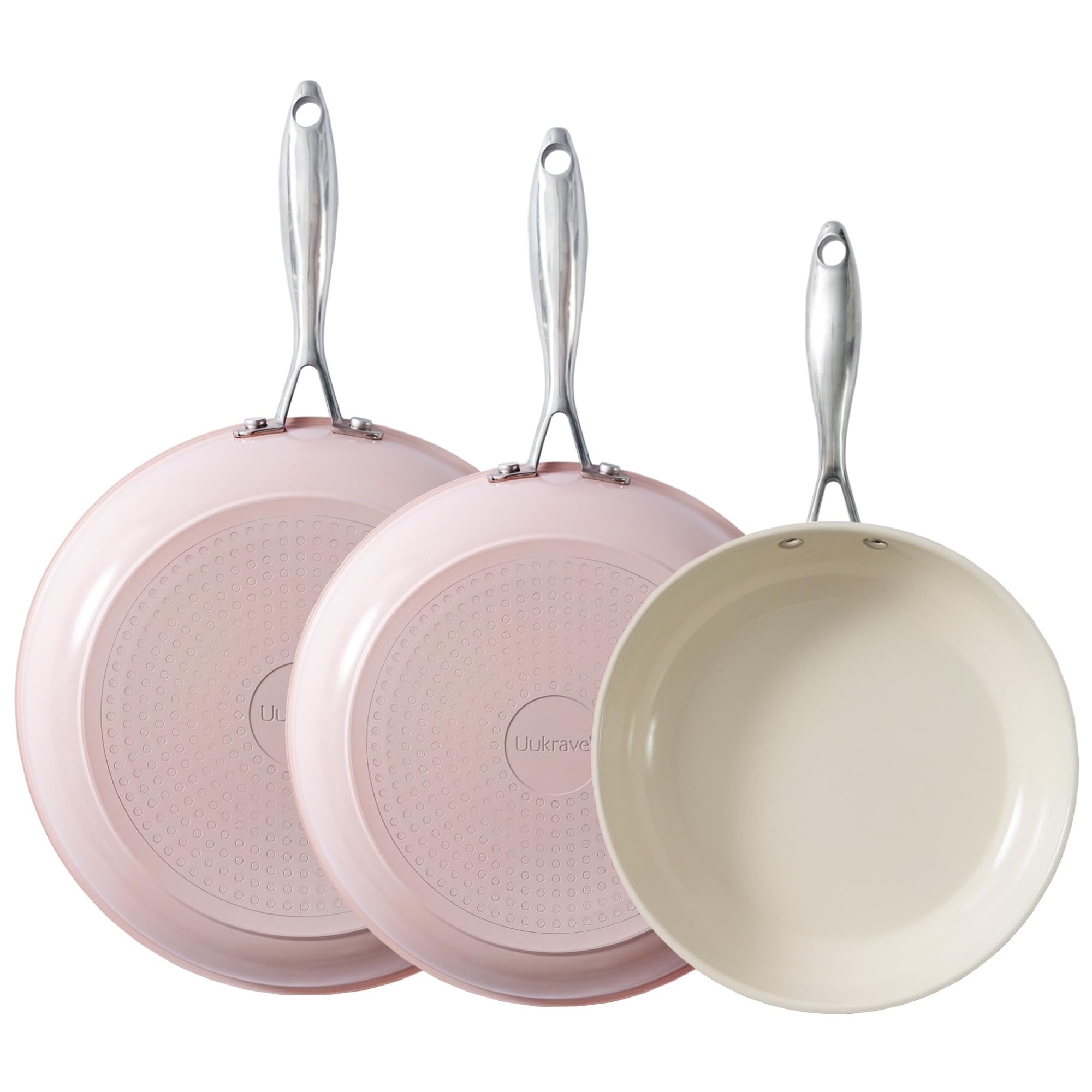 Ceramic Non Stick Frying Pan Set, UUKRAVE Induction Frying Pan, 20cm 24cm 28cm Ceramic Pan for Cooking with Stainless Handle, PFAS/PTFE/PFOA-Free, 8" 9.5" 11" Skillet Set, Oven Safe Max to 250°C, Pink — image 1