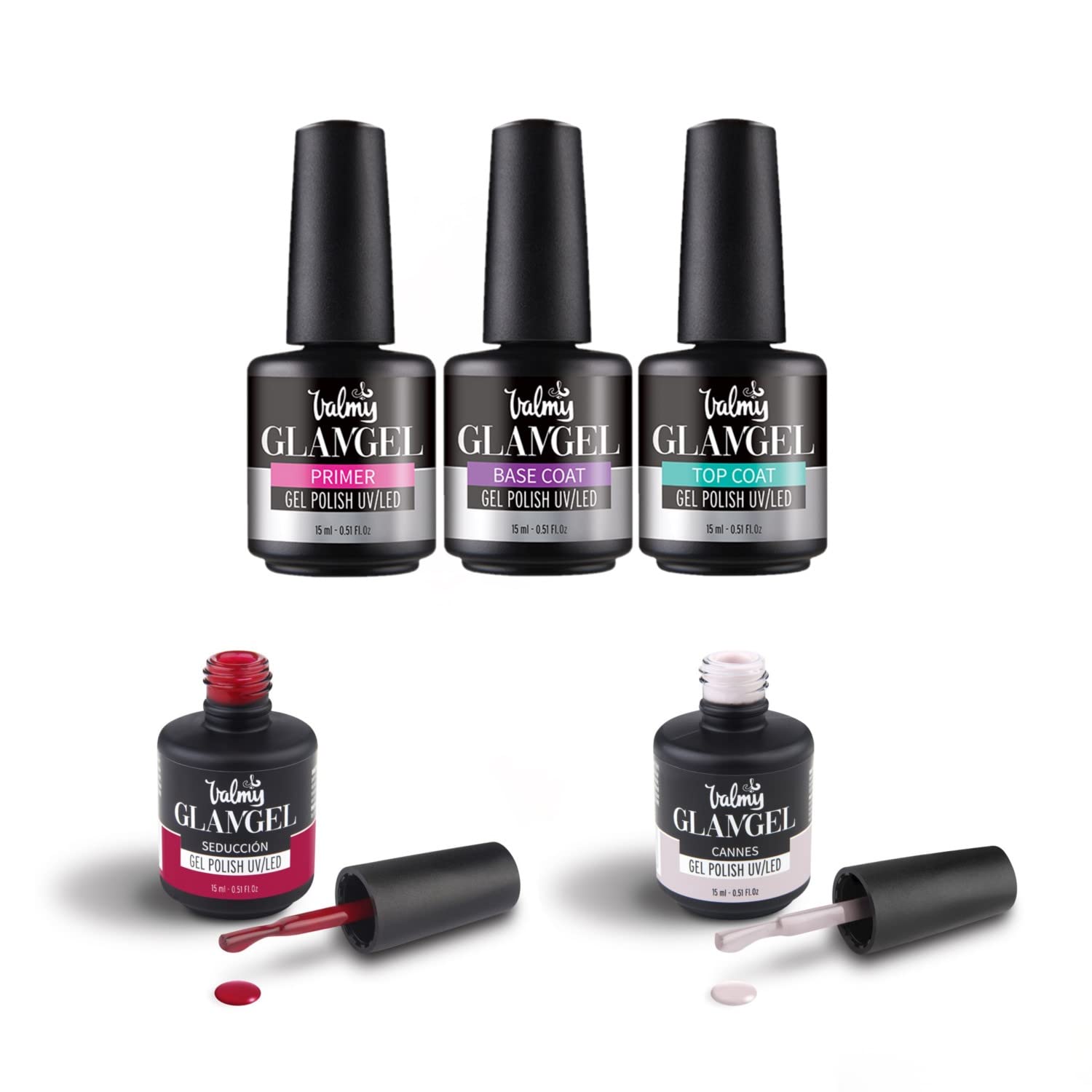 VALMY GlamGel Colección Iniciación Gel Polish UV/LED, Esmalte de Uñas Semipermanente, Colores Larga Duración, Secado Rápido, Brillo Intenso: Primer, Base y Top Coat, Seducción, Cannes (15 ml c/unidad)
