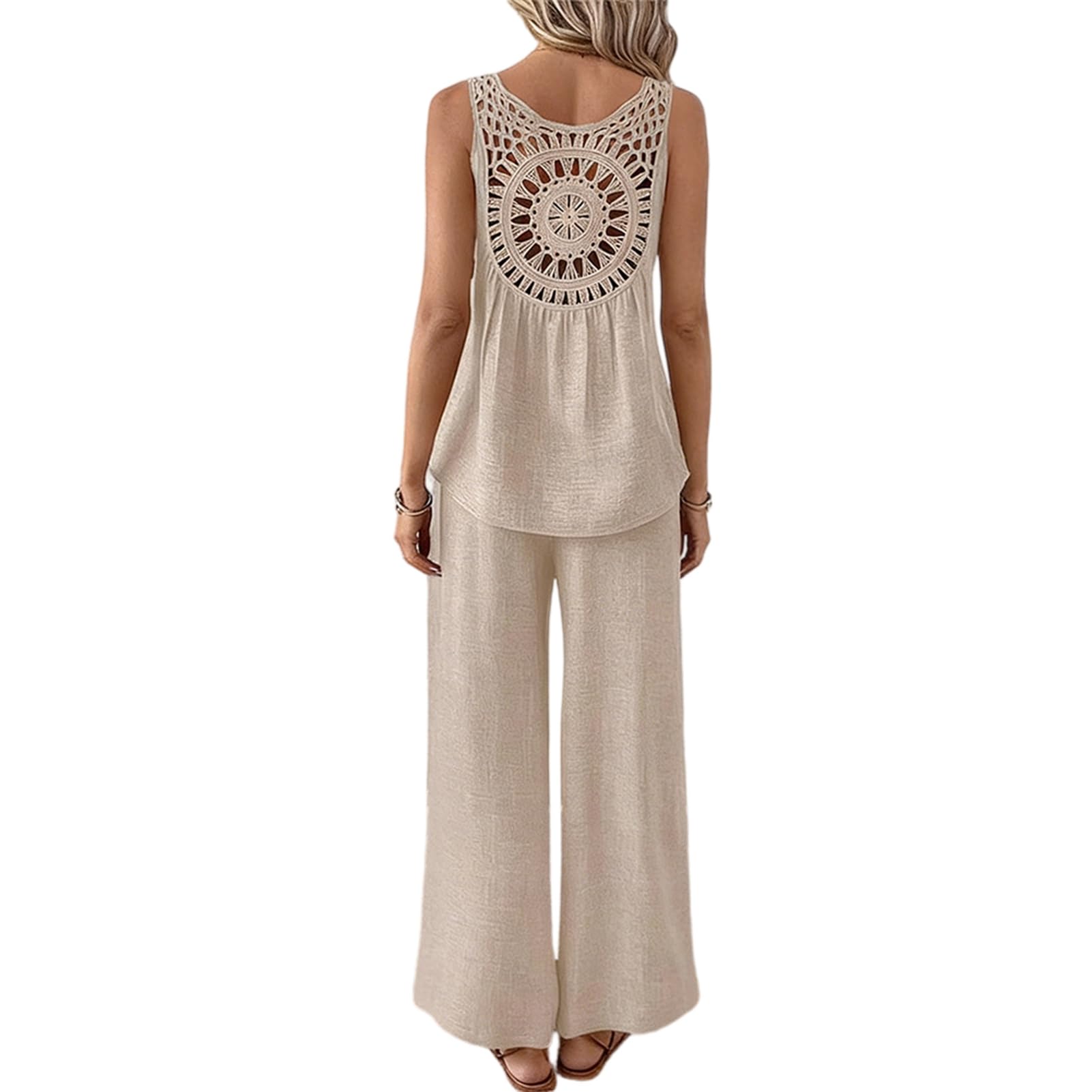 Damskie letnie 2-częściowe stroje bez rękawów Hollow Back Top i spodnie z szerokimi nogawkami zestaw boho plaża wakacje salon zestaw