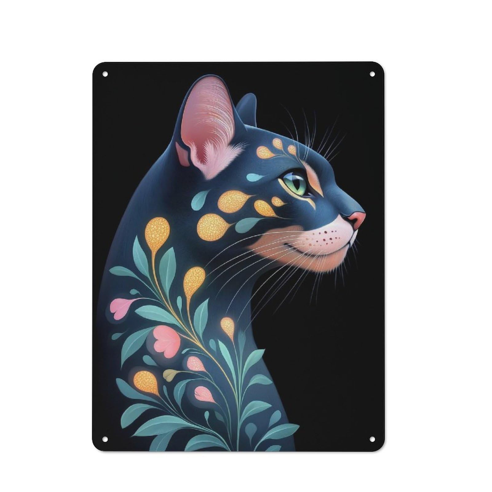 Junmoney Style-6 Modern Vintage Floral Bengal Cat Portrait Office Metal Sign 40X30cm, Creative Space Decor For Home Office, Reading Corner Or Bedroom