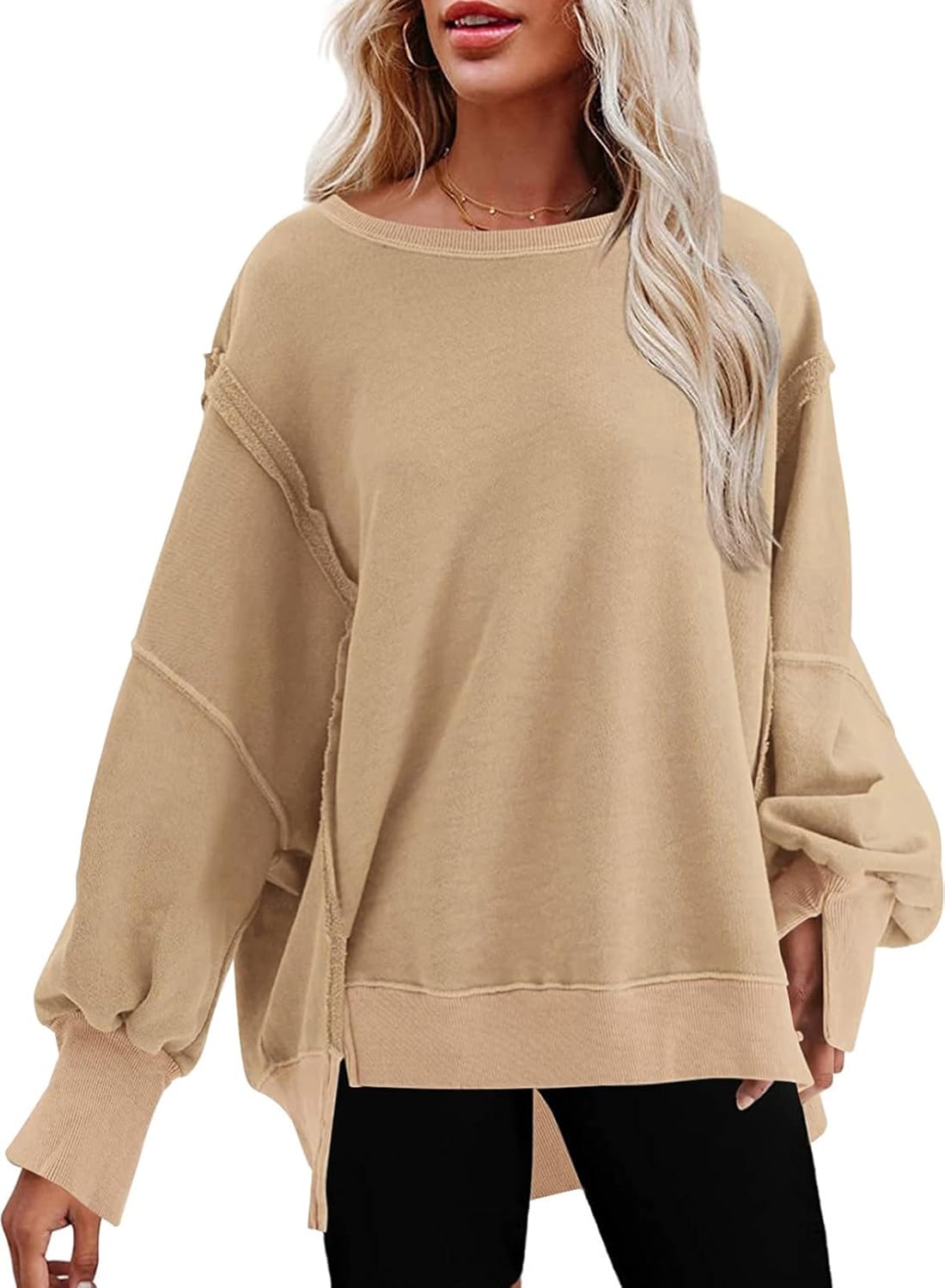 SHEWIN Womens Oversized Reverse Seam Sweatshirt Casual Long Sleeve Pullover Tops Lightweight Loose Crewneck Sweatshirts